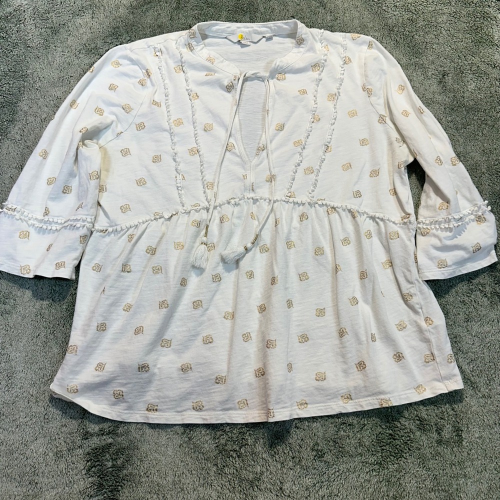 Boden White Gold Metallic Print Peasant Blouse Tassel Pom Pom Top 18R Flaws